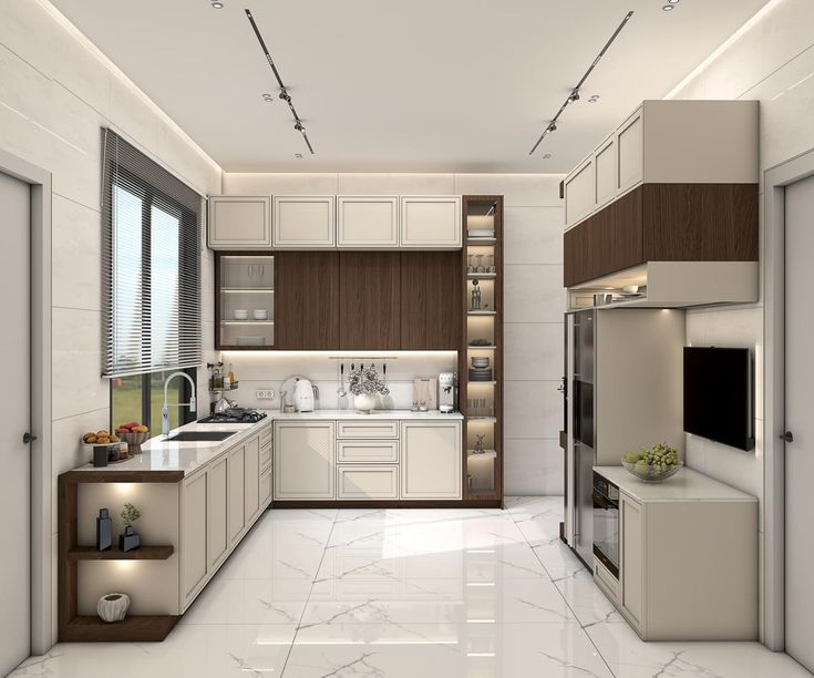 High-Gloss Acrylic Modular Kitchen with Calacatta Quartz Countertop & Seamless Edge #51